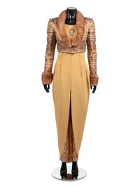 Sarli Evening ensemble, with fur trimmed crop jacket, pants, and yellow dress.
