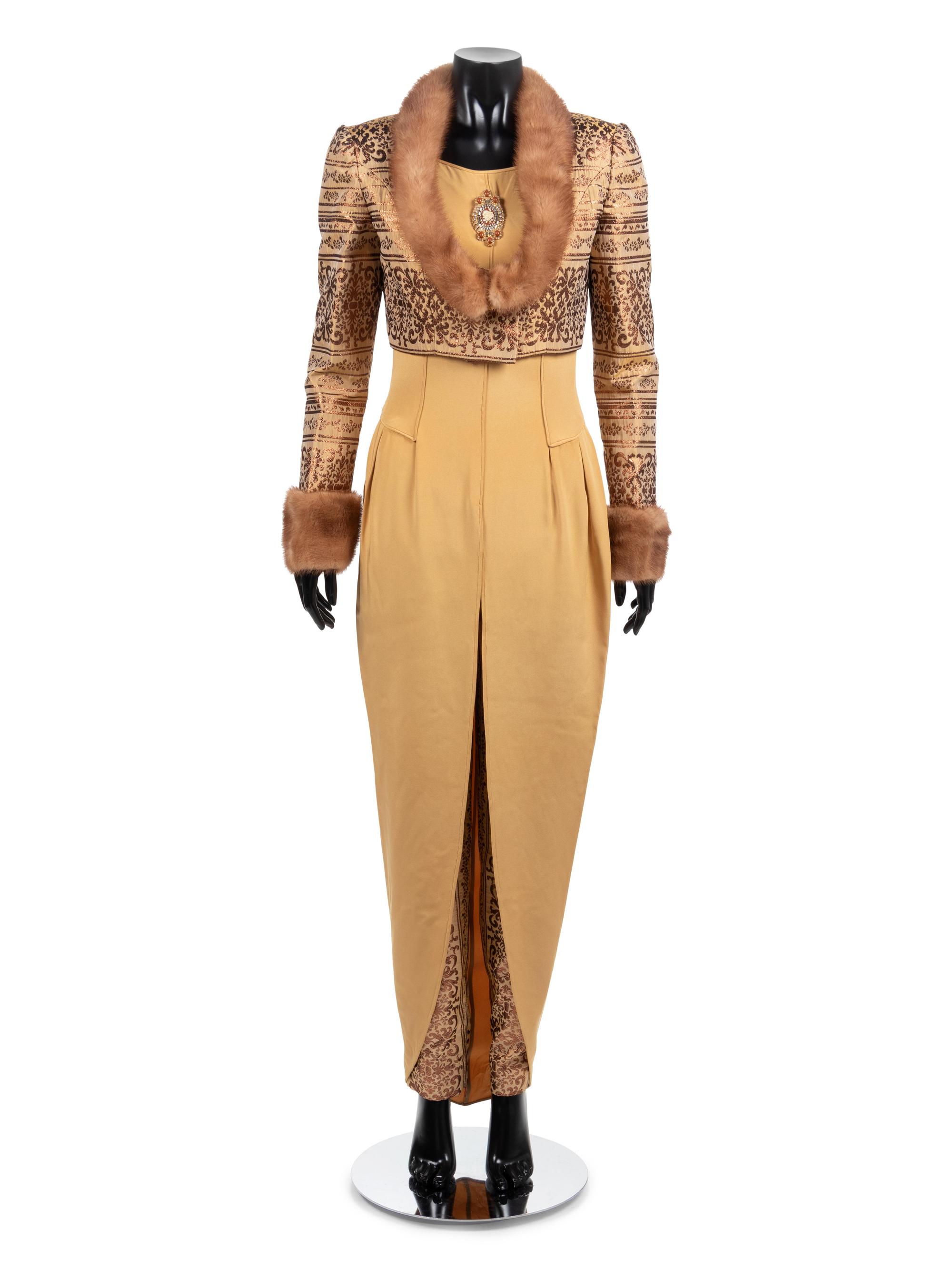 Sarli Evening ensemble, with fur trimmed crop jacket, pants, and yellow dress.