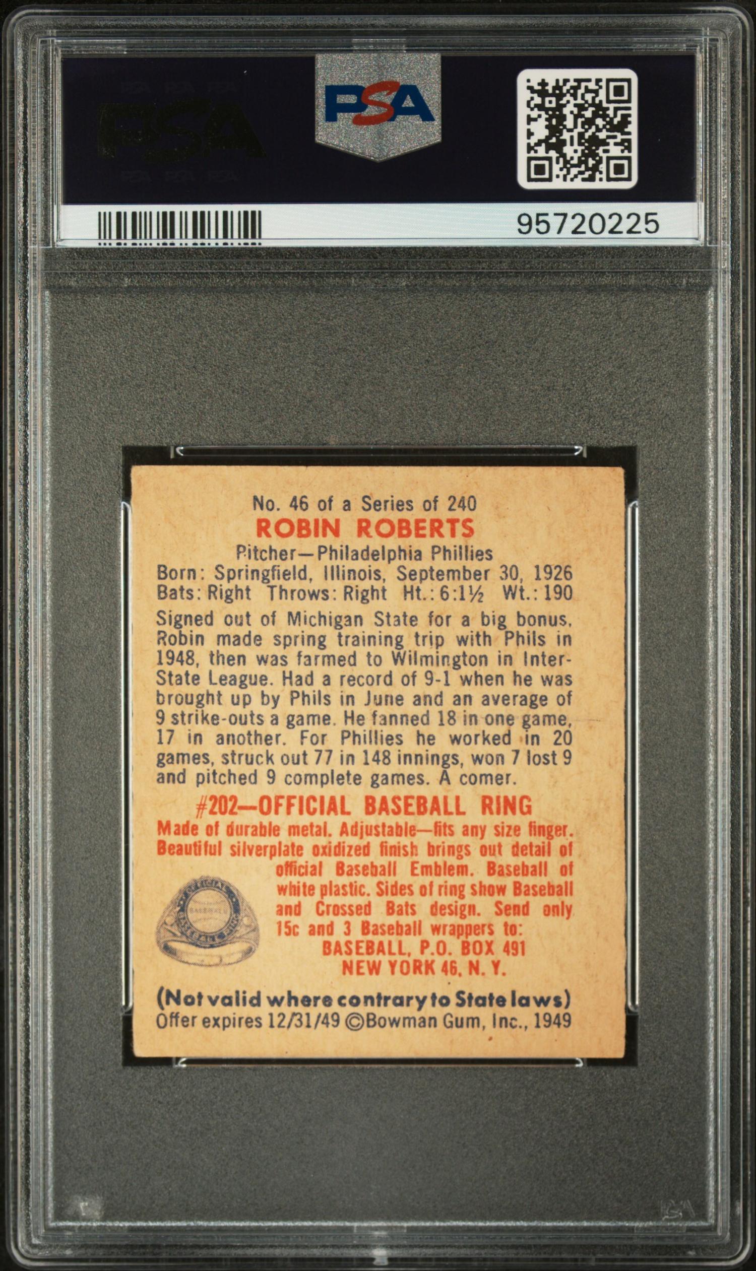 A 1949 Bowman Robin Roberts Rookie Baseball Card No. 46 (PSA 4 VG-EX)