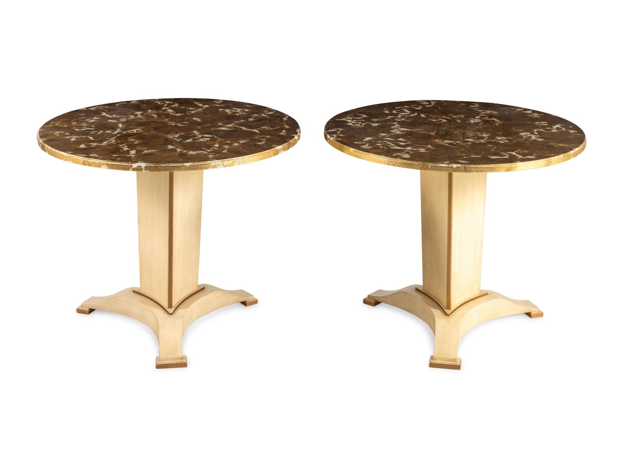 A Pair of Contemporary Cream-Painted and Metallic Leaf-Decorated Side Tables