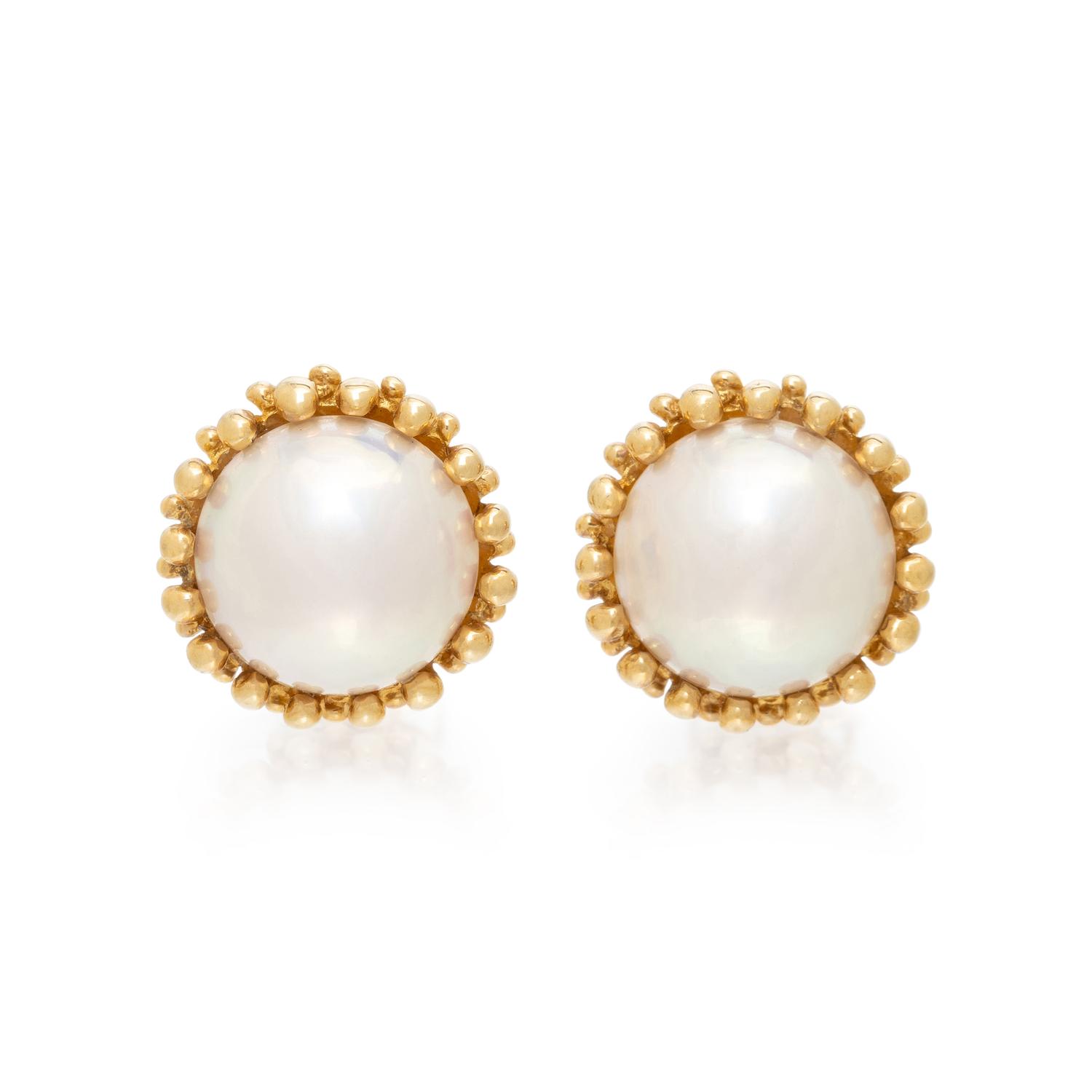 TIFFANY & CO., MABÉ PEARL AND YELLOW GOLD EARRINGS