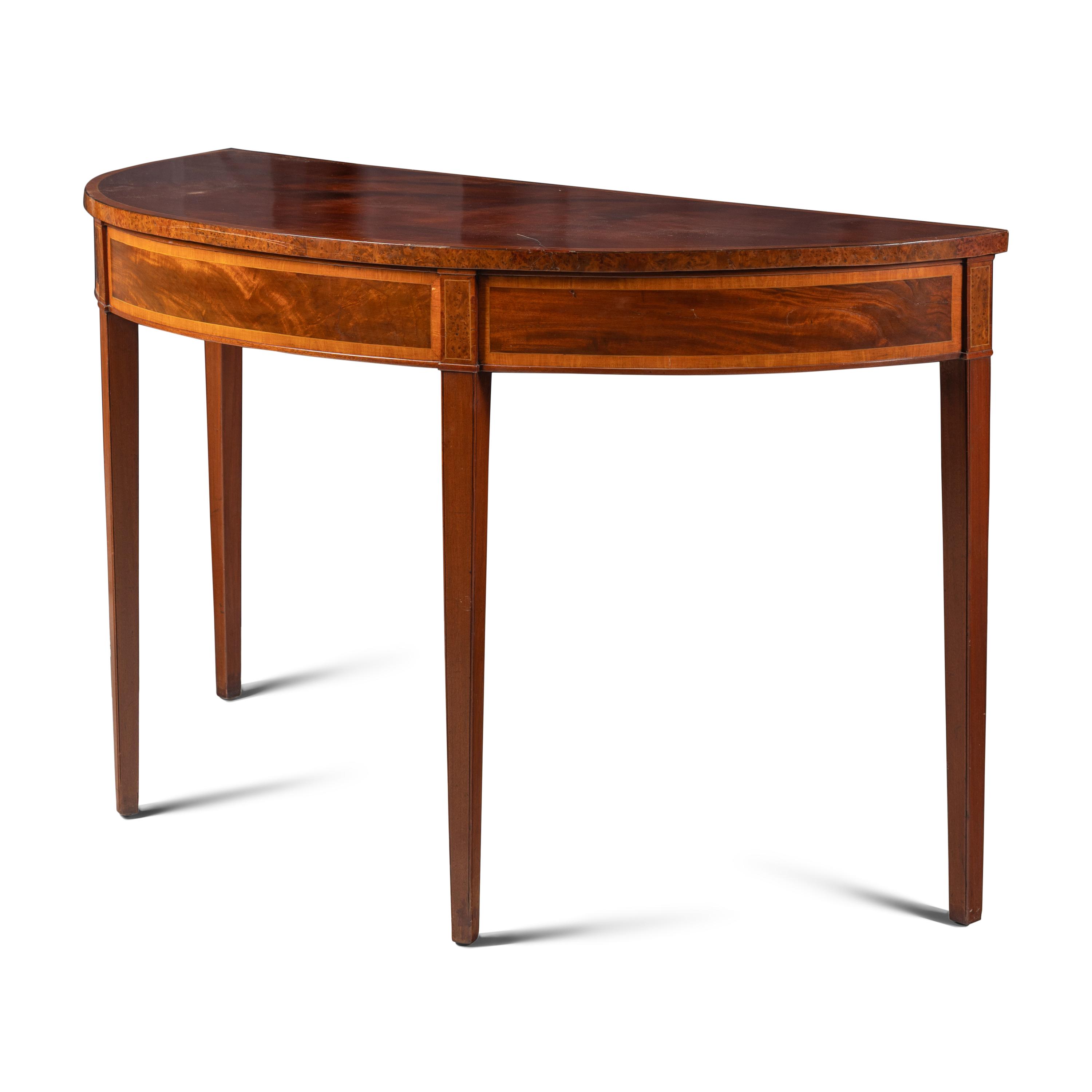 A Pair of Late George III Mahogany, Satinwood and Yew Wood Console Tables