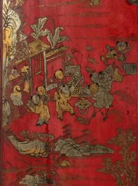 A Chinese Gilt Decorated Red Lacquer Corner Cabinet