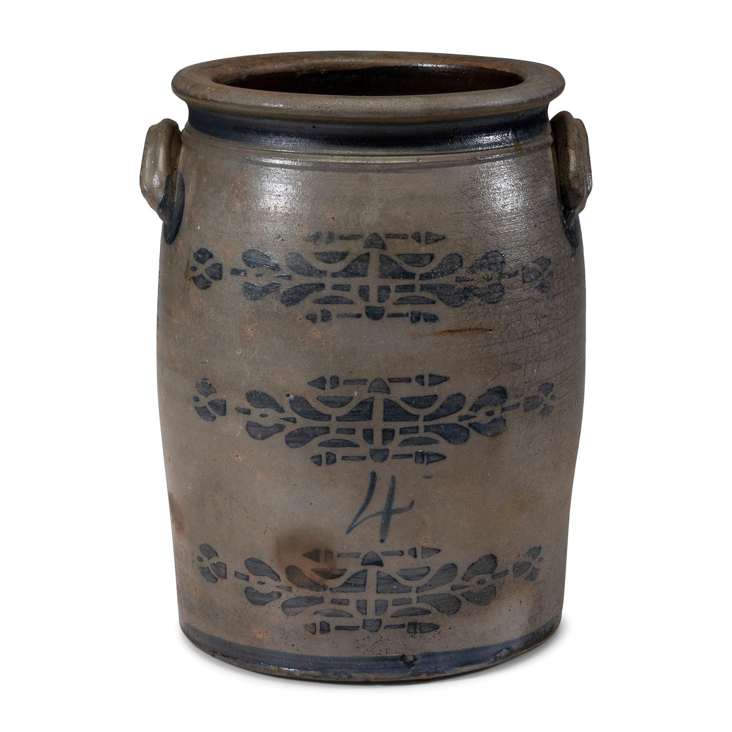A Four-Gallon Cobalt and Stencil Decorated Stoneware Crock