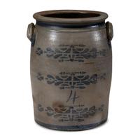 A Four-Gallon Cobalt and Stencil Decorated Stoneware Crock