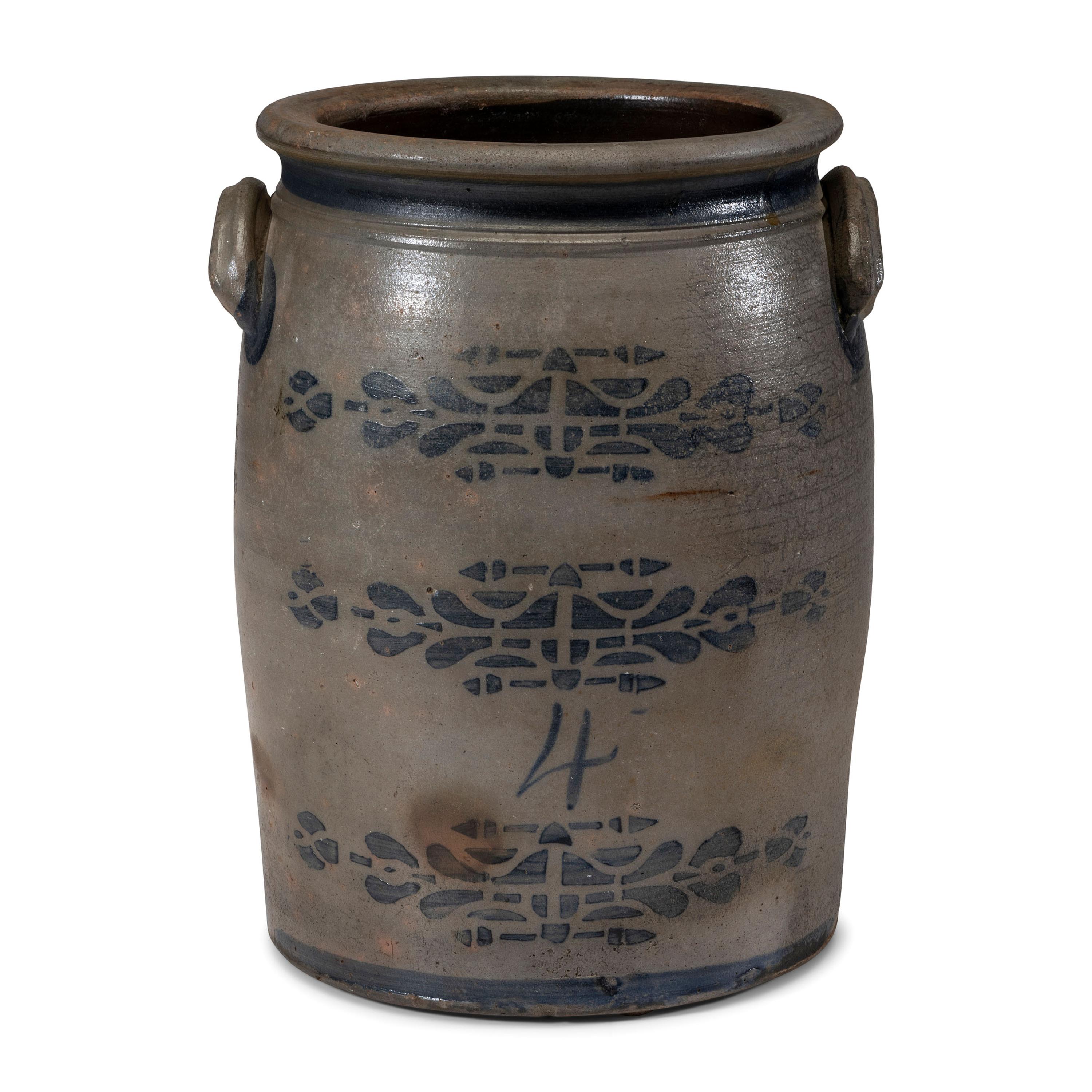 A Four-Gallon Cobalt and Stencil Decorated Stoneware Crock