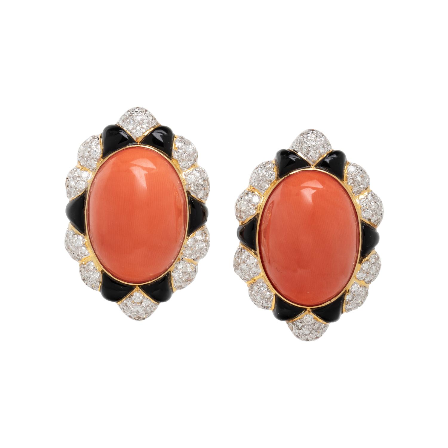 BICOLOR GOLD, CORAL, ENAMEL, AND DIAMOND EARRINGS