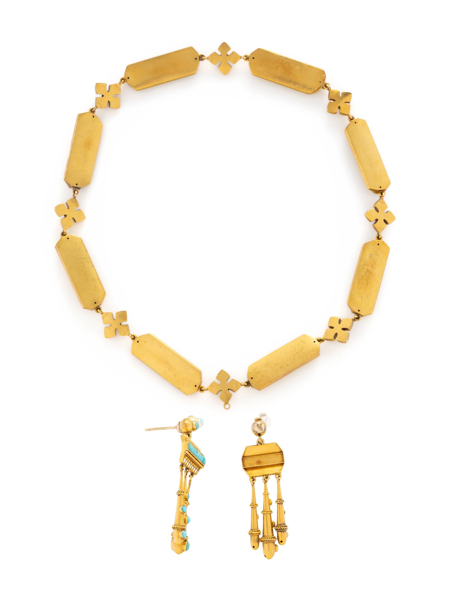 VICTORIAN, YELLOW GOLD, TURQUOISE, AND ENAMEL NECKLACE AND EARRINGS