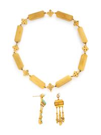 VICTORIAN, YELLOW GOLD, TURQUOISE, AND ENAMEL NECKLACE AND EARRINGS