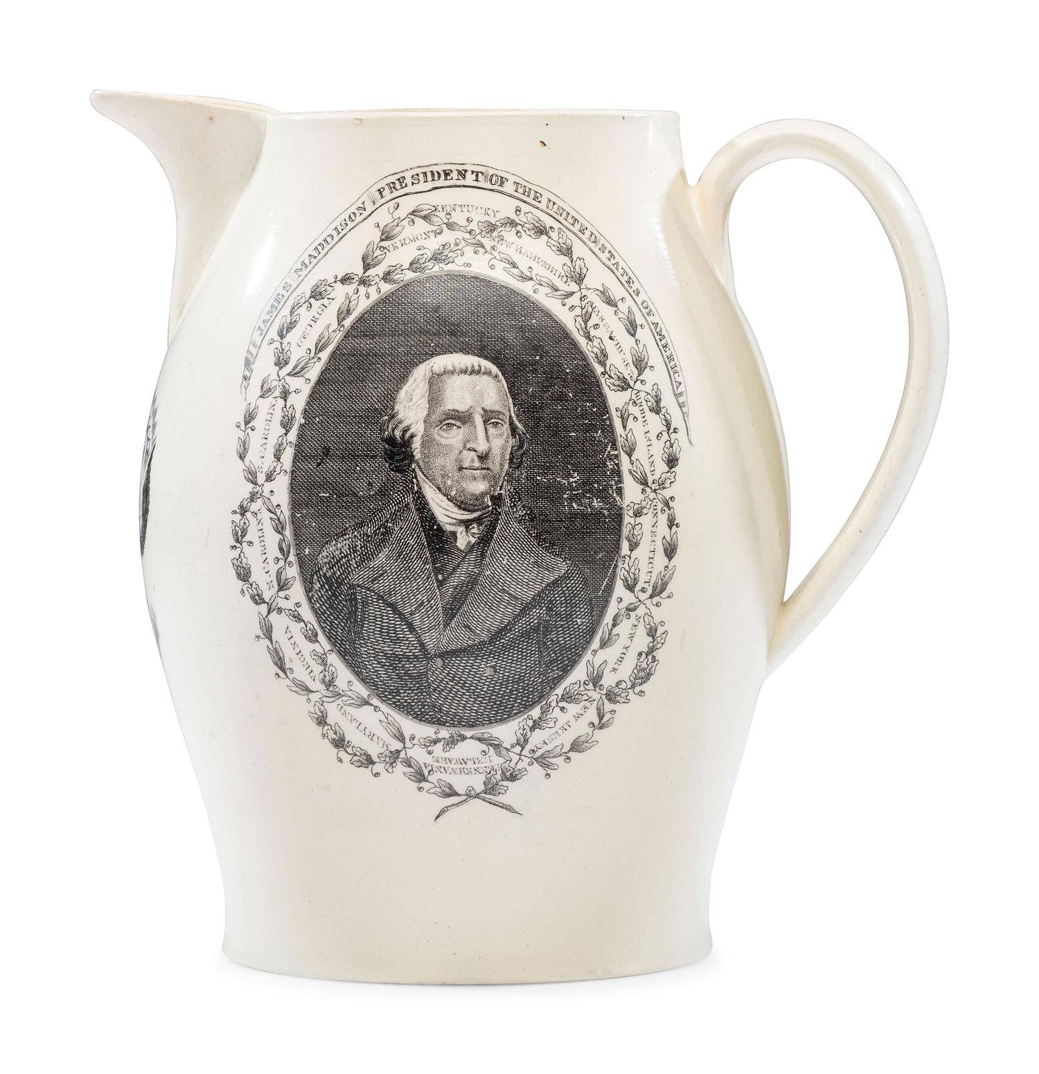 A Liverpool Transfer-Printed Creamware 'Peace, Plenty, and Independence / James Madison' Pitcher