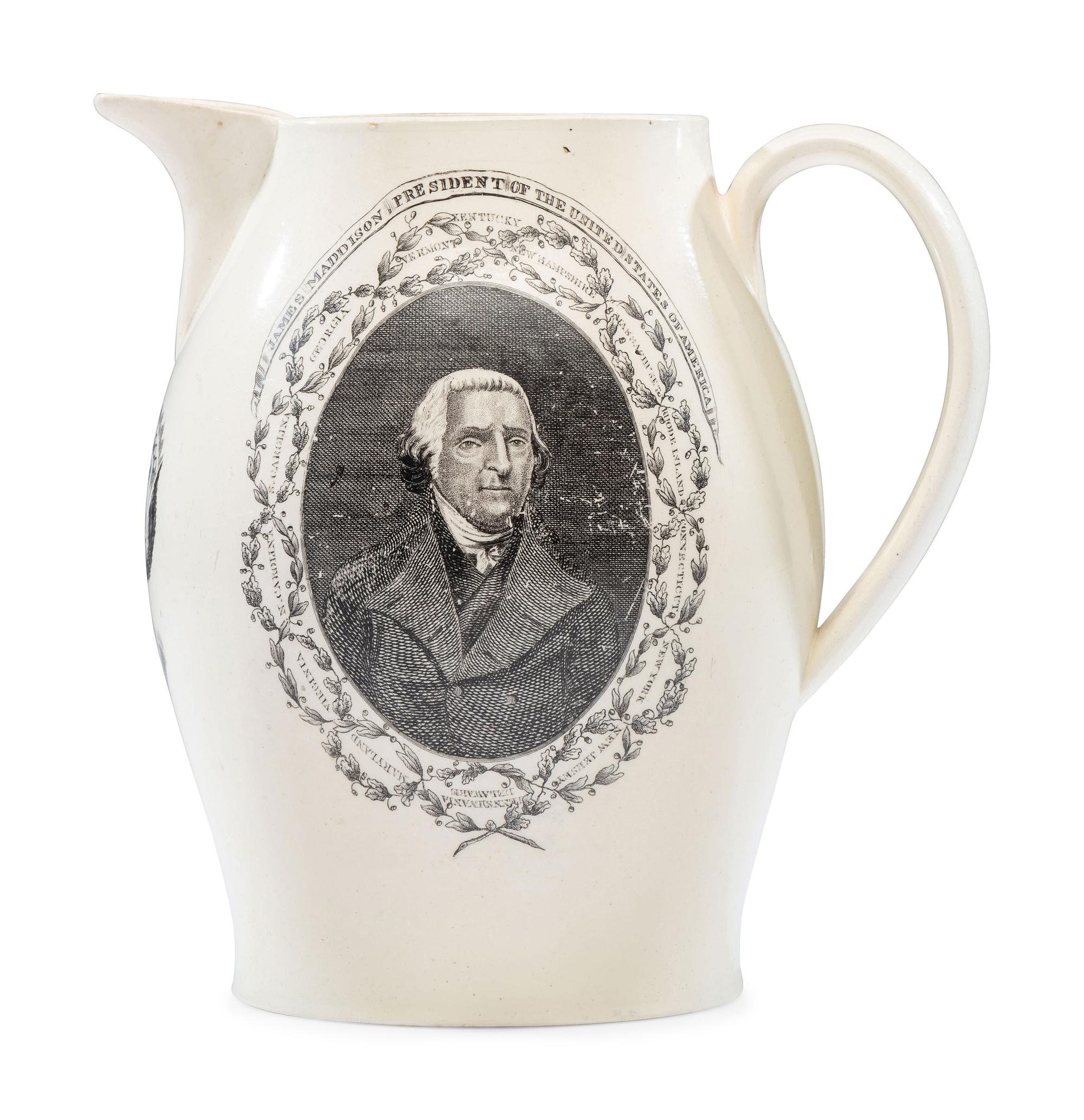 A Liverpool Transfer-Printed Creamware 'Peace, Plenty, and Independence / James Madison' Pitcher