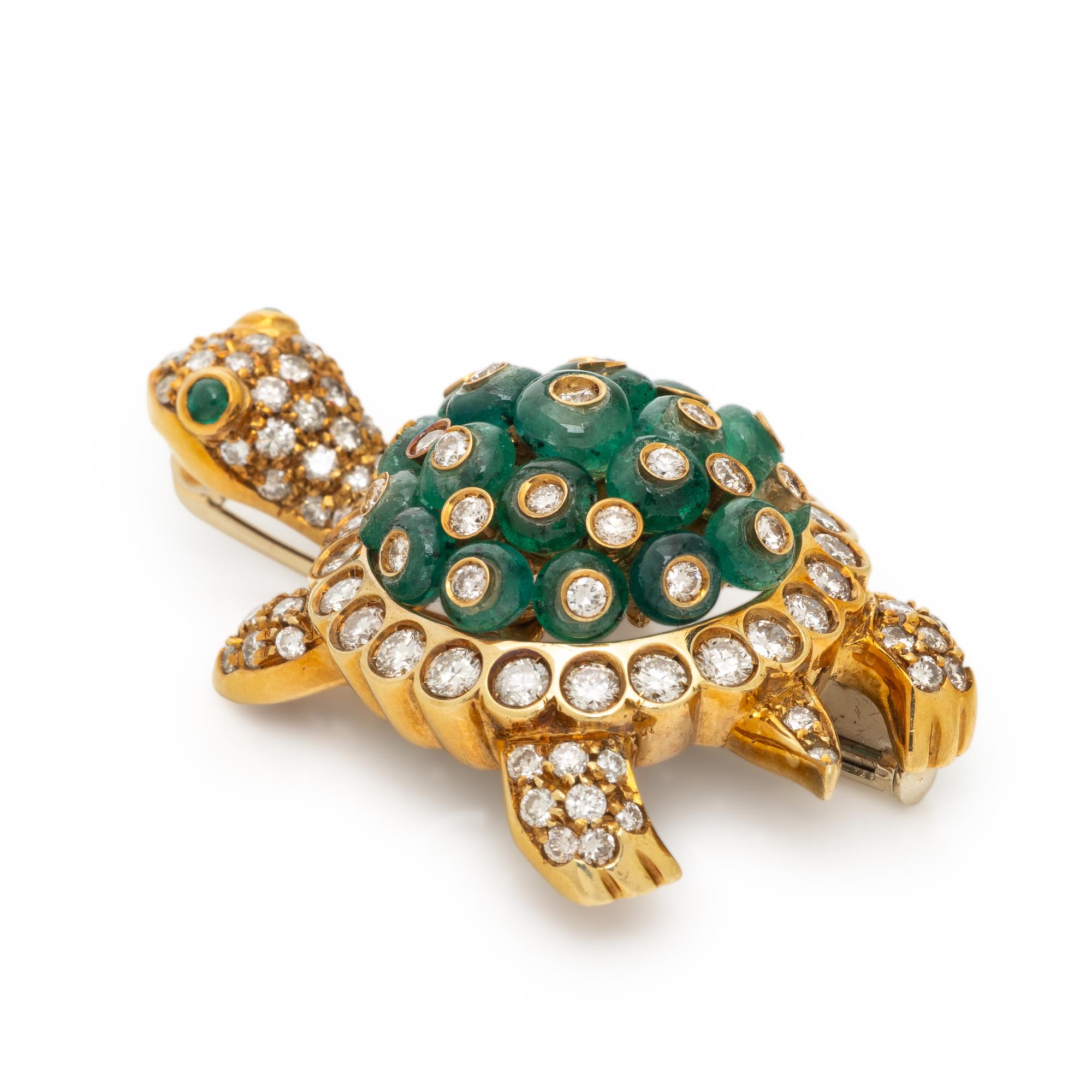 GIOVANE, EMERALD, DIAMOND, AND YELLOW GOLD TURTLE BROOCH