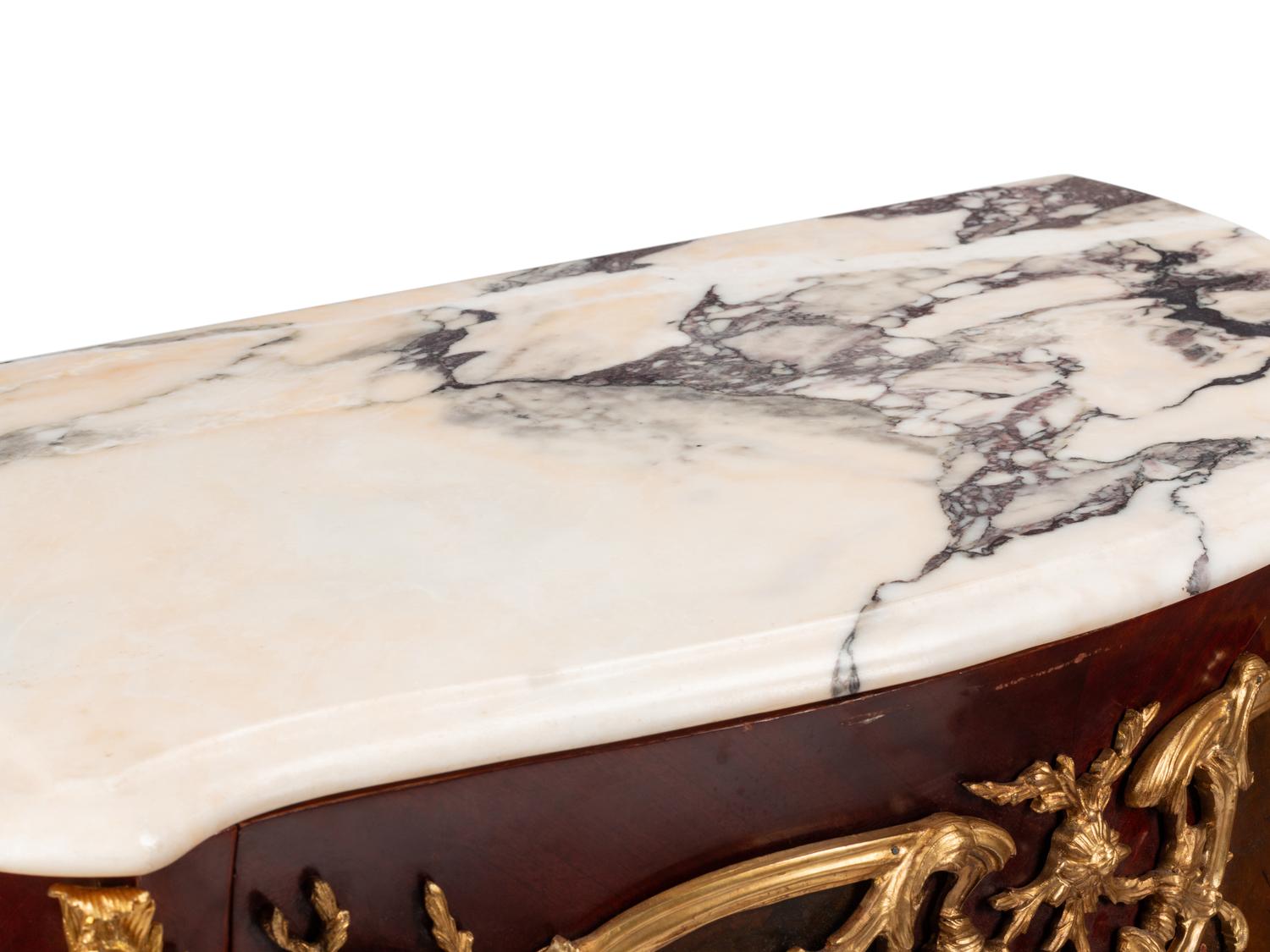A Pair of Louis XV Style Gilt Bronze Mounted Mahogany and Vernis Martin Marble-Top Cabinets