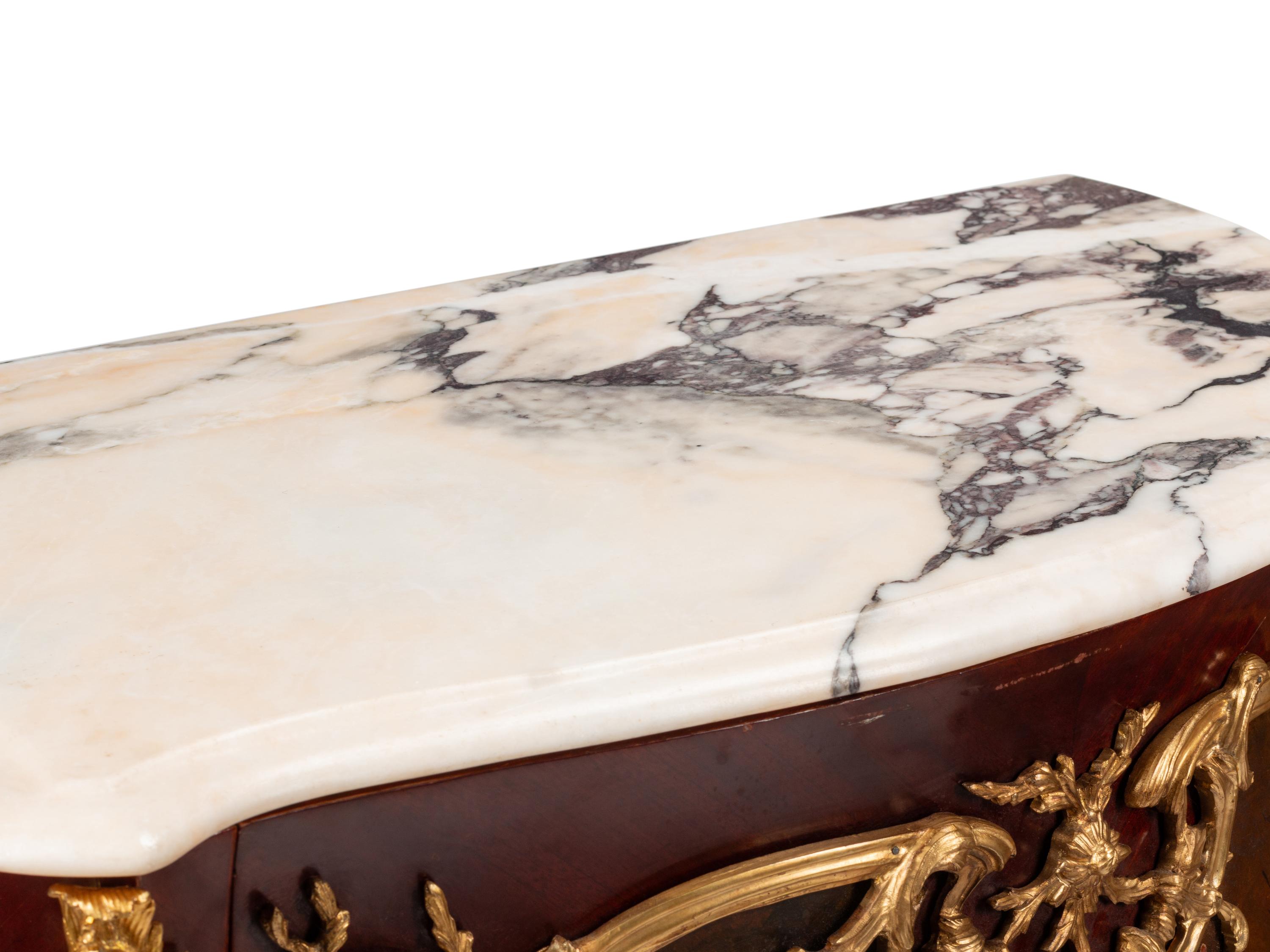 A Pair of Louis XV Style Gilt Bronze Mounted Mahogany and Vernis Martin Marble-Top Cabinets