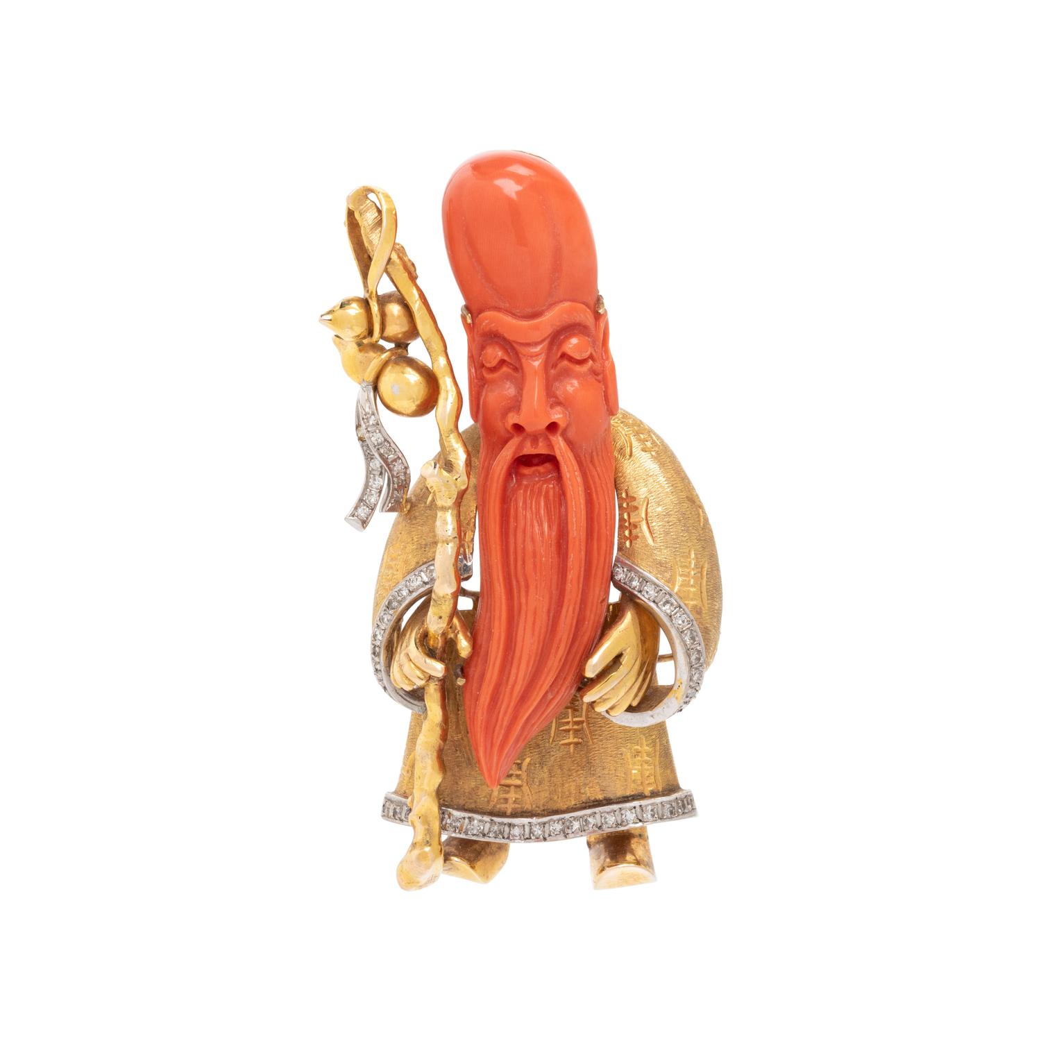 CARVED CORAL AND DIAMOND PENDANT/BROOCH