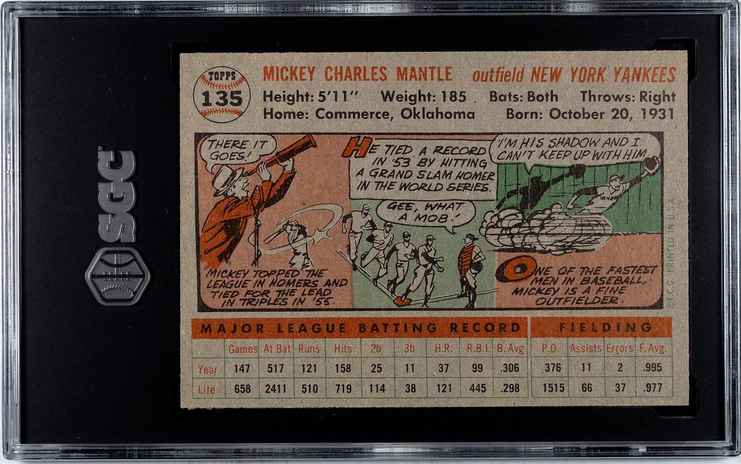 A 1956 Topps Mickey Mantle Gray Back Baseball Card No. 135 (SGC 7.5 NM+)