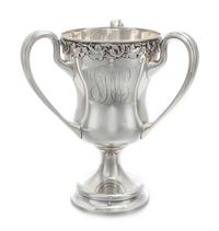 An American Silver Tyg, Gorham Mfg. Co., Providence, RI, the rim with a continuous foliate band, the body with an engraved monogram.