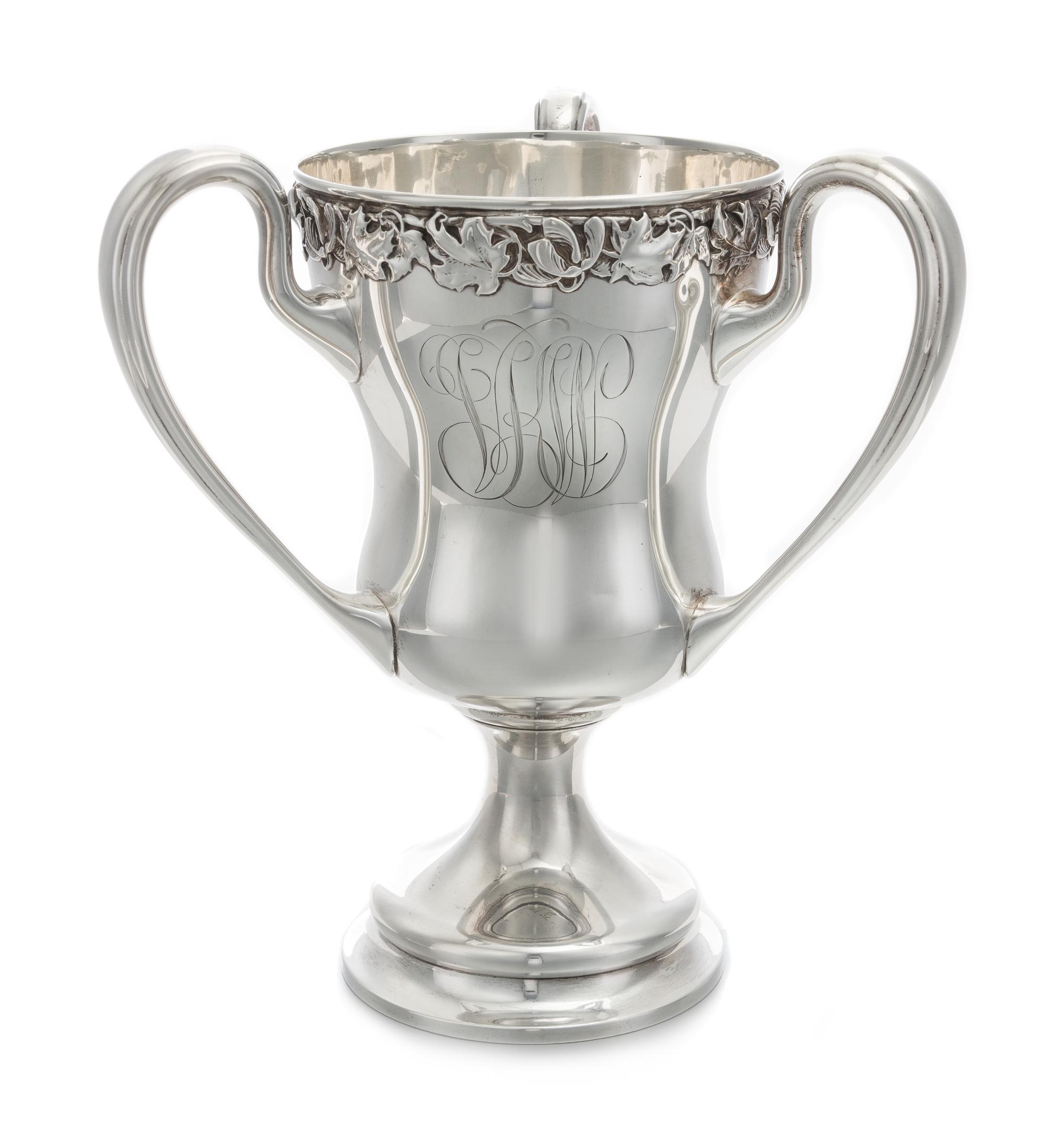 An American Silver Tyg, Gorham Mfg. Co., Providence, RI, the rim with a continuous foliate band, the body with an engraved monogram.