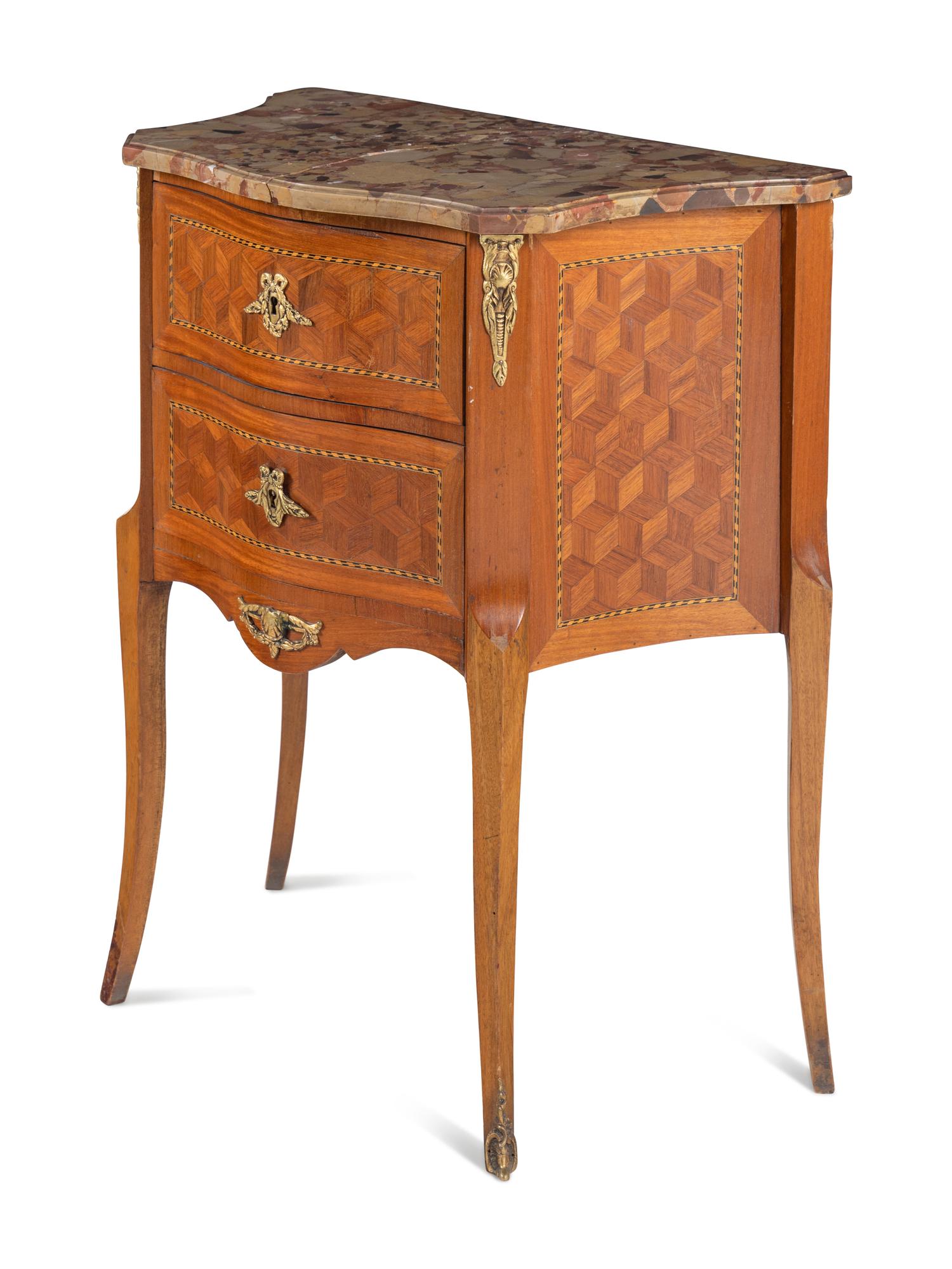 A Louis XV/XVI Transitional Style Parquetry Marble-Top Side Table