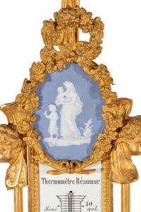 A French Neoclassical Gilt Bronze and Jasperware Cartel Clock and Barometer Set