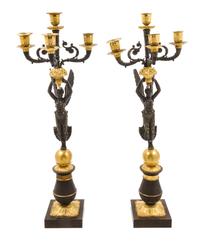 A Pair of Empire Gilt and Patinated Bronze Four-Light Candelabra Height of each 26 1/2 inches. — 19TH CENTURY