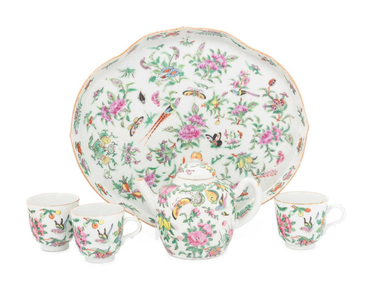 A Five-Piece Famille Rose Porcelain 'Butterfly' Tea Set