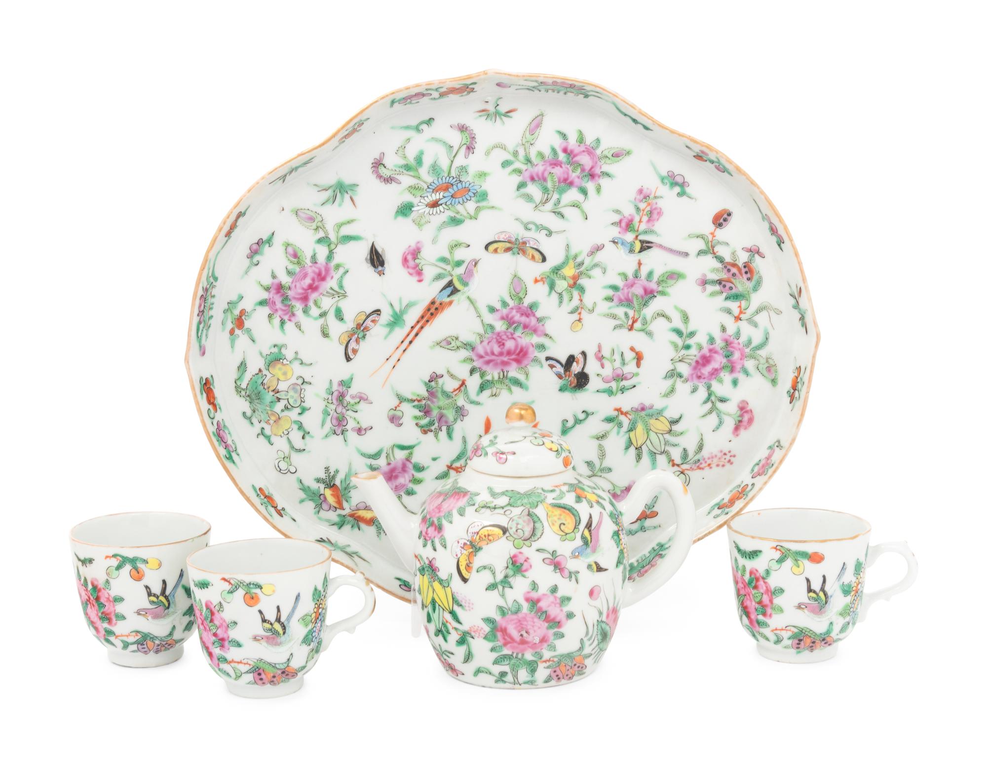 A Five-Piece Famille Rose Porcelain 'Butterfly' Tea Set