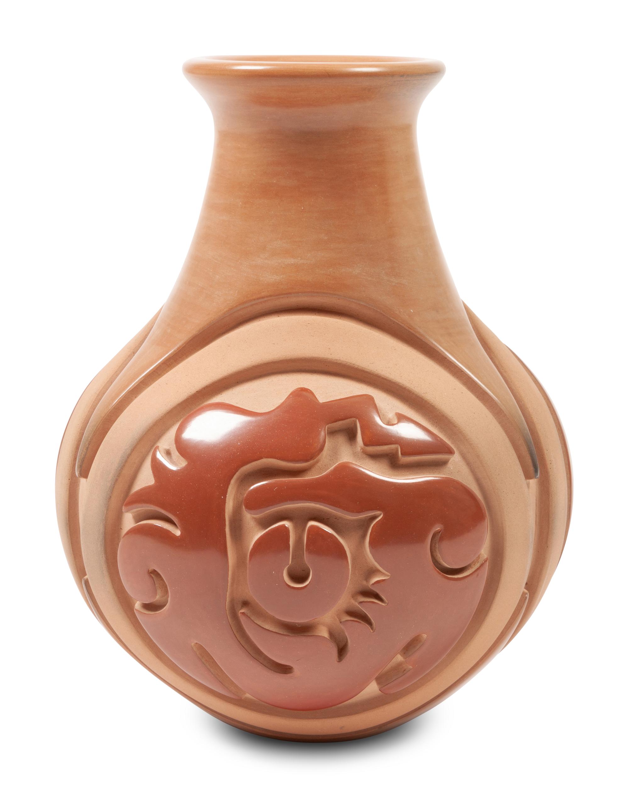 Carved Two-Toned Redware Pottery Jar