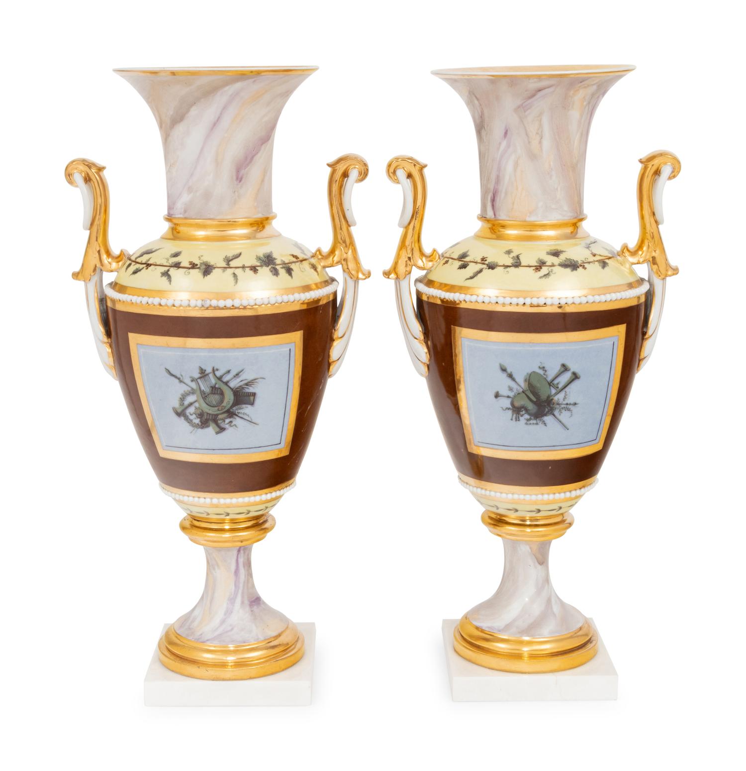 A Pair of Continental Faux Marble, Yellow and Chocolate Brown-Ground Porcelain Vases