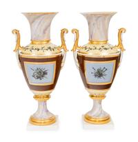 A Pair of Continental Faux Marble, Yellow and Chocolate Brown-Ground Porcelain Vases