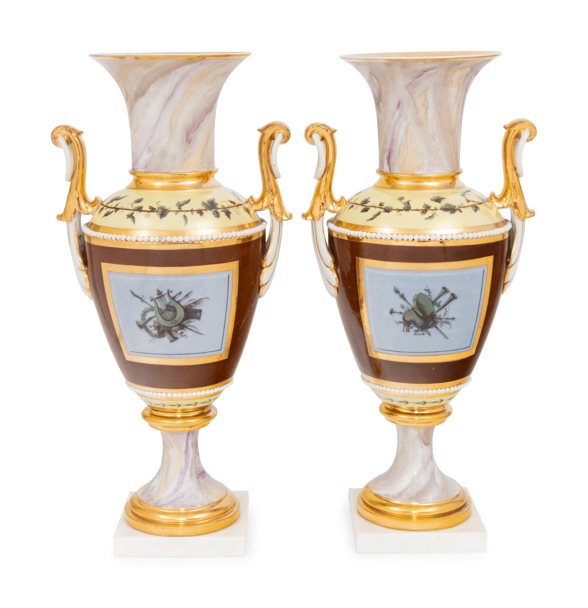 A Pair of Continental Faux Marble, Yellow and Chocolate Brown-Ground Porcelain Vases