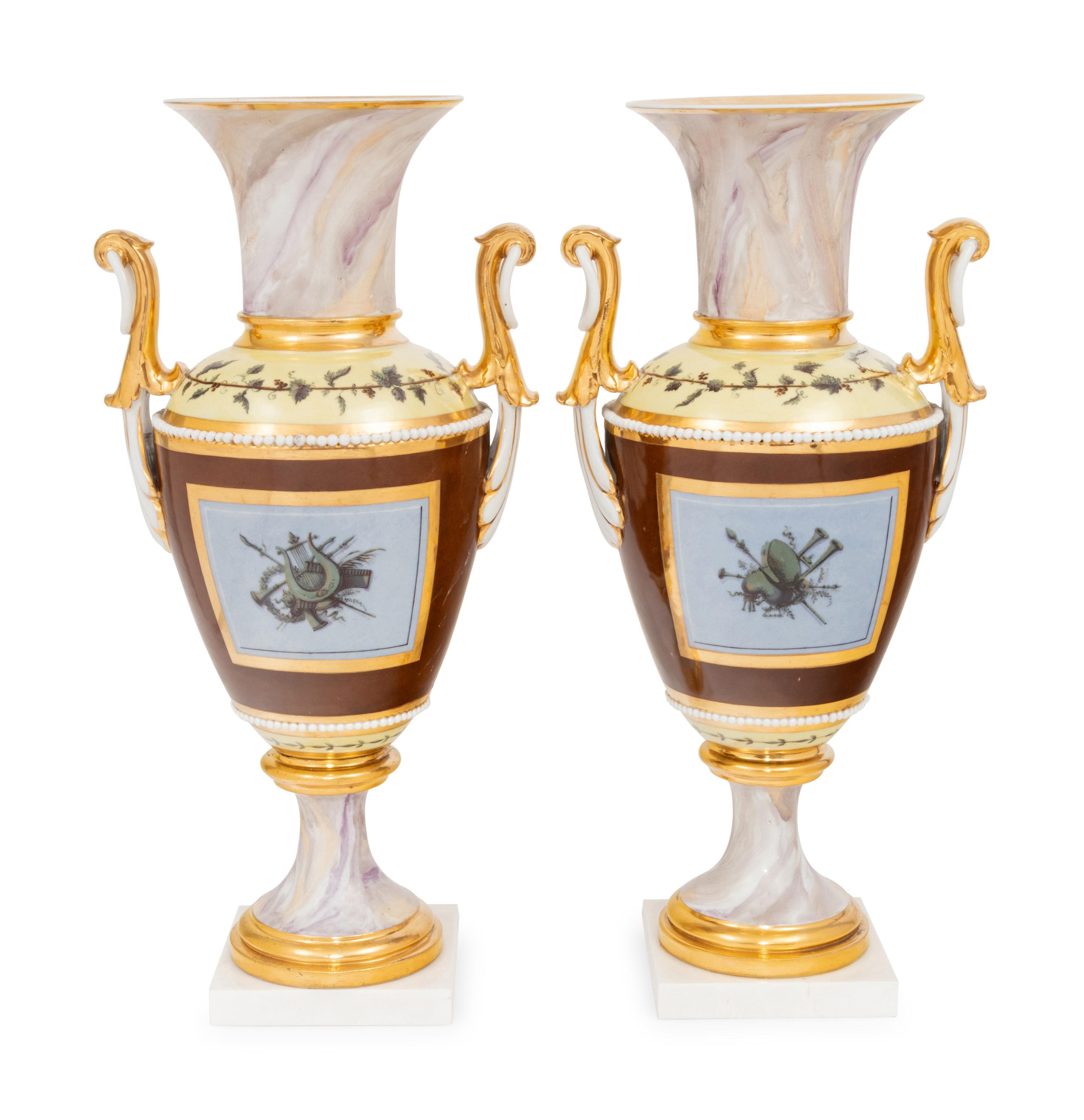 A Pair of Continental Faux Marble, Yellow and Chocolate Brown-Ground Porcelain Vases