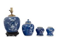Four Chinese Blue and White Porcelain 'Crackled Ice and Prunus' Jars