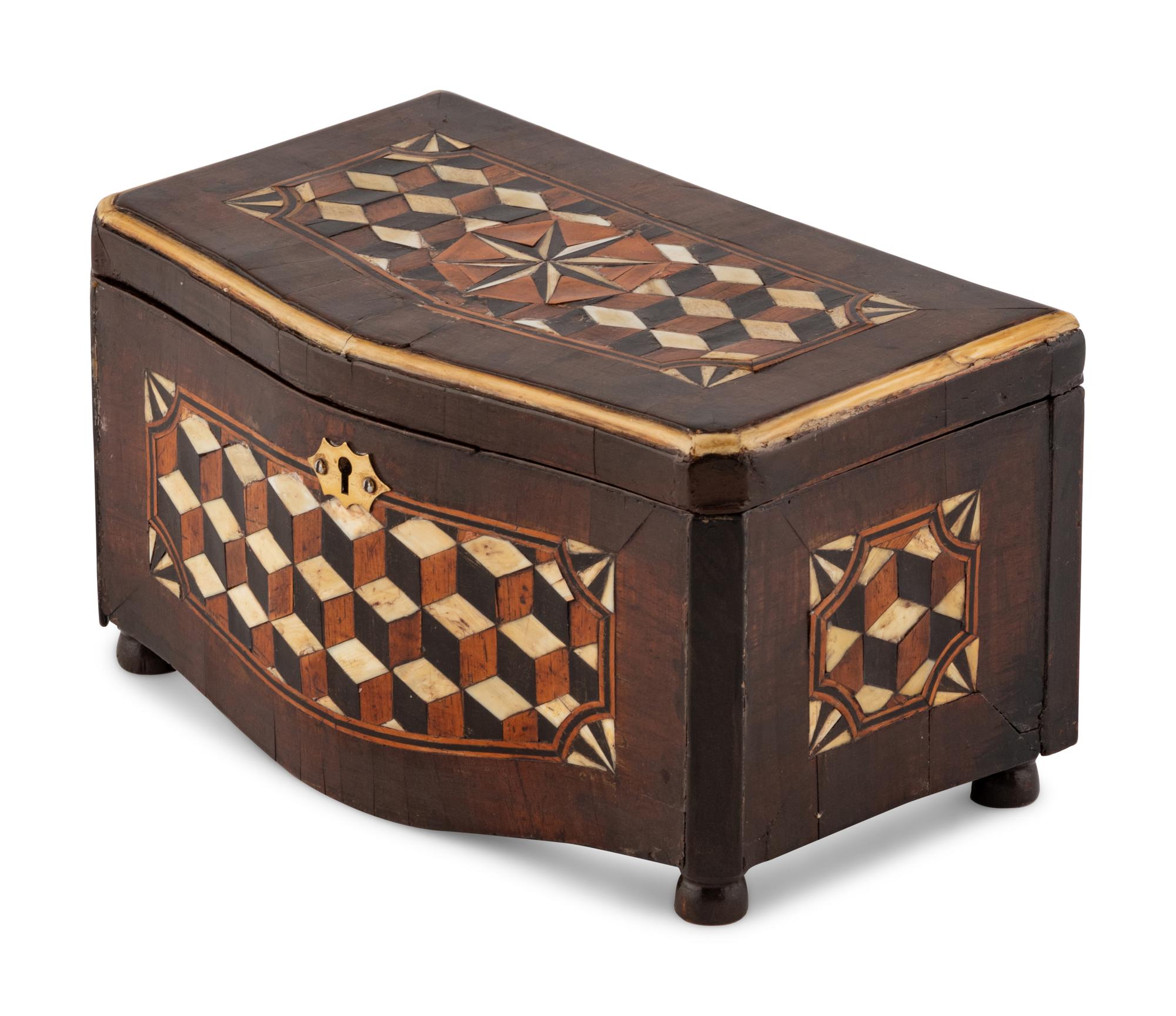 An Italian Walnut and Ebony Parquetry Tea Caddy