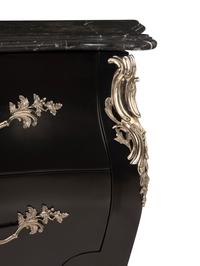 A Pair of Ralph Lauren Silvered Bronze-Mounted Marble-Top Ebonized Commodes