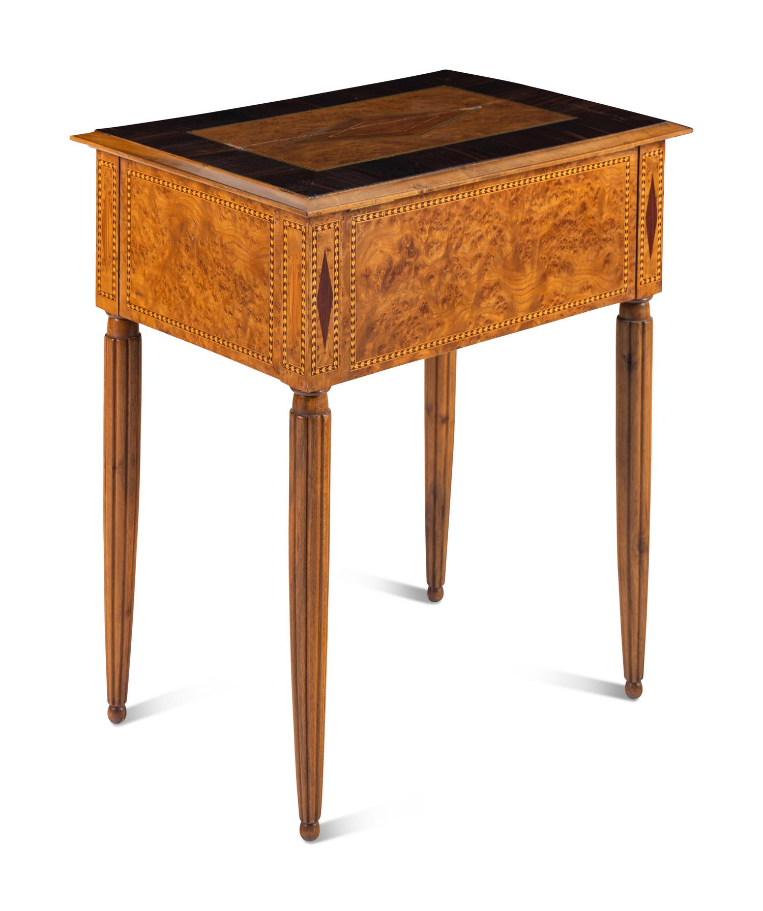 A Continental Burl Walnut, Calamander and Marquetry Side Table