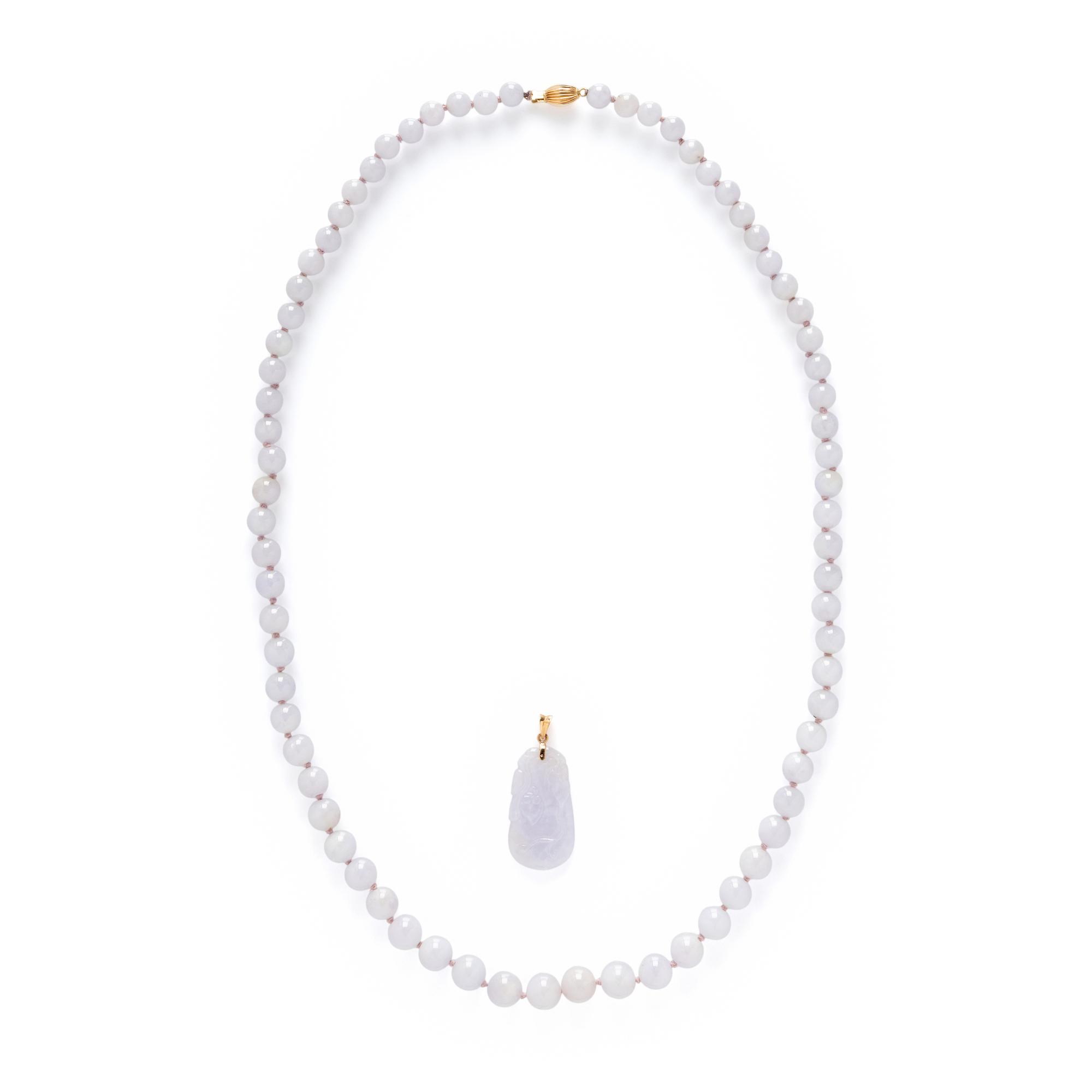 LAVENDER JADE BEAD NECKLACE AND PENDANT