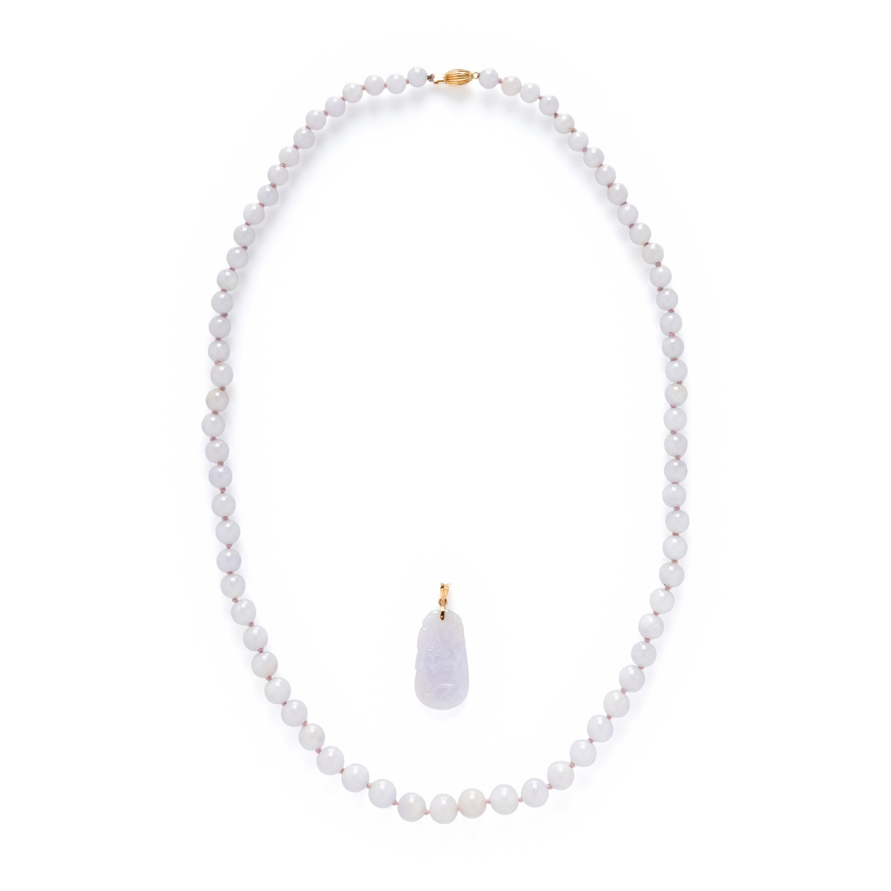 LAVENDER JADE BEAD NECKLACE AND PENDANT