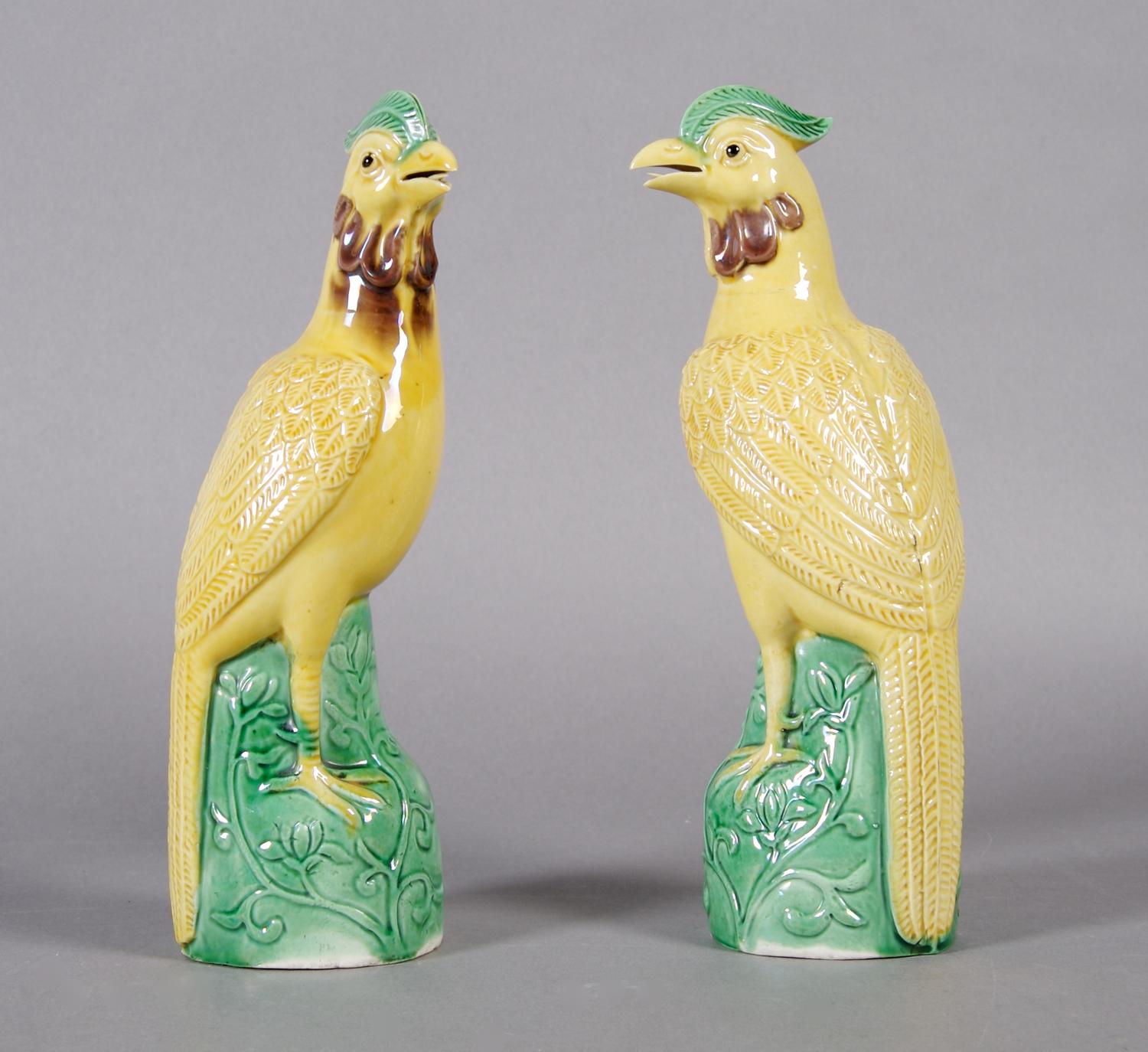 A Pair of Chinese Porcelain Parrots, Height 8 3/8 inches.