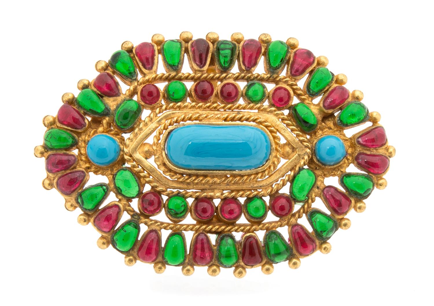 A Chanel Multicolor Gripoix and Goldtone Brooch, 3" x 2.5".