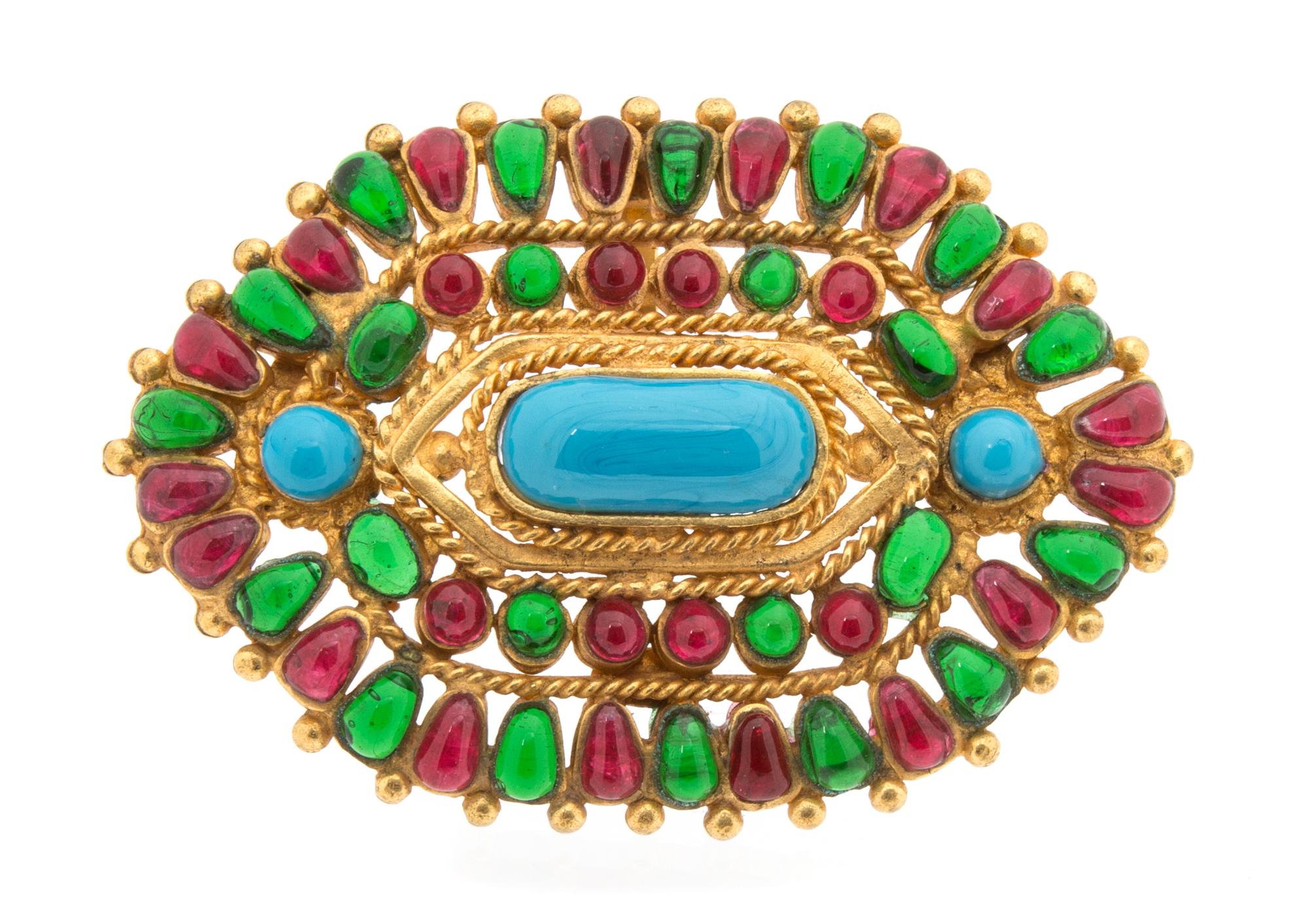 A Chanel Multicolor Gripoix and Goldtone Brooch, 3" x 2.5".