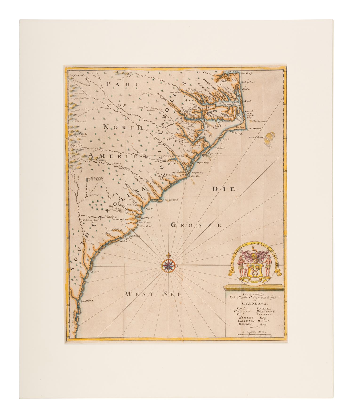 [MAP]. LAWSON, John (1678-1711). -- VISCHER, Ludwig Friedrich (1677-1720). Die Vornehmste Eigenthums Herren und Besitzer von Carolina . Hamburg, 1712.