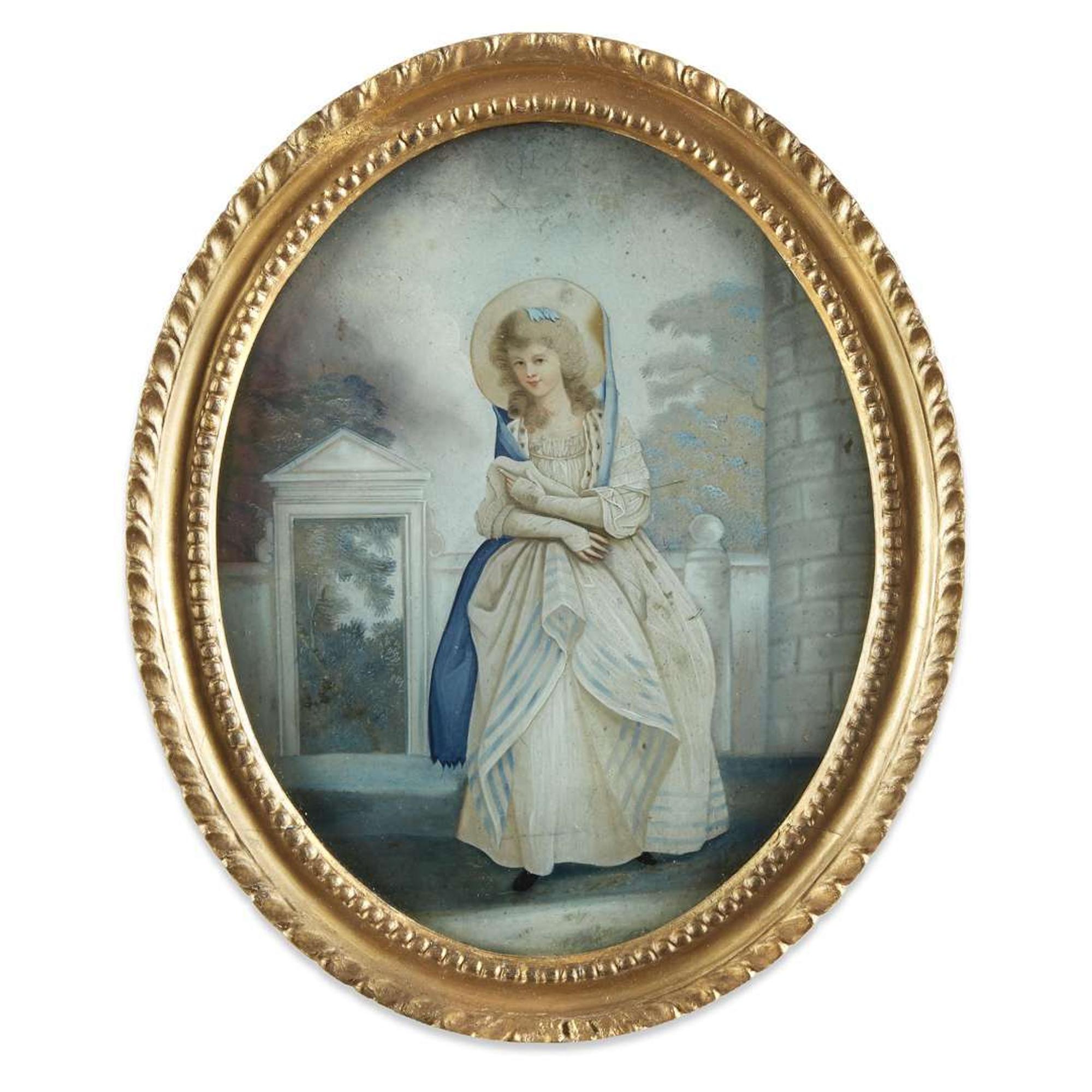 Two China Trade reverse paintings on glass Elegant Western ladies, circa 1800