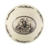 [ADAMS, John (1735-1826)]. Liverpool creamware punch bowl featuring portraits of John Adams as President, Benjamin Franklin, and George Washington. Late 18th/early 19th century.