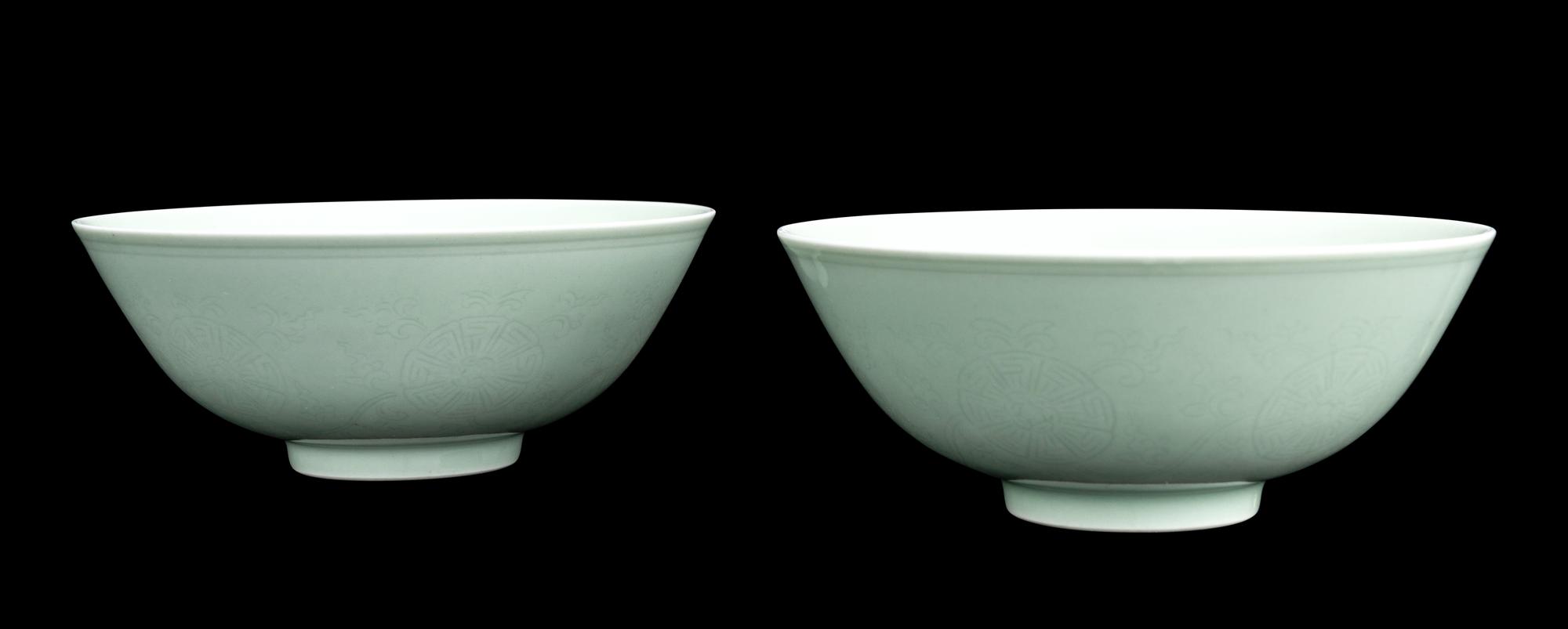 A Pair of Incised Celadon Glazed Porcelain Bowls