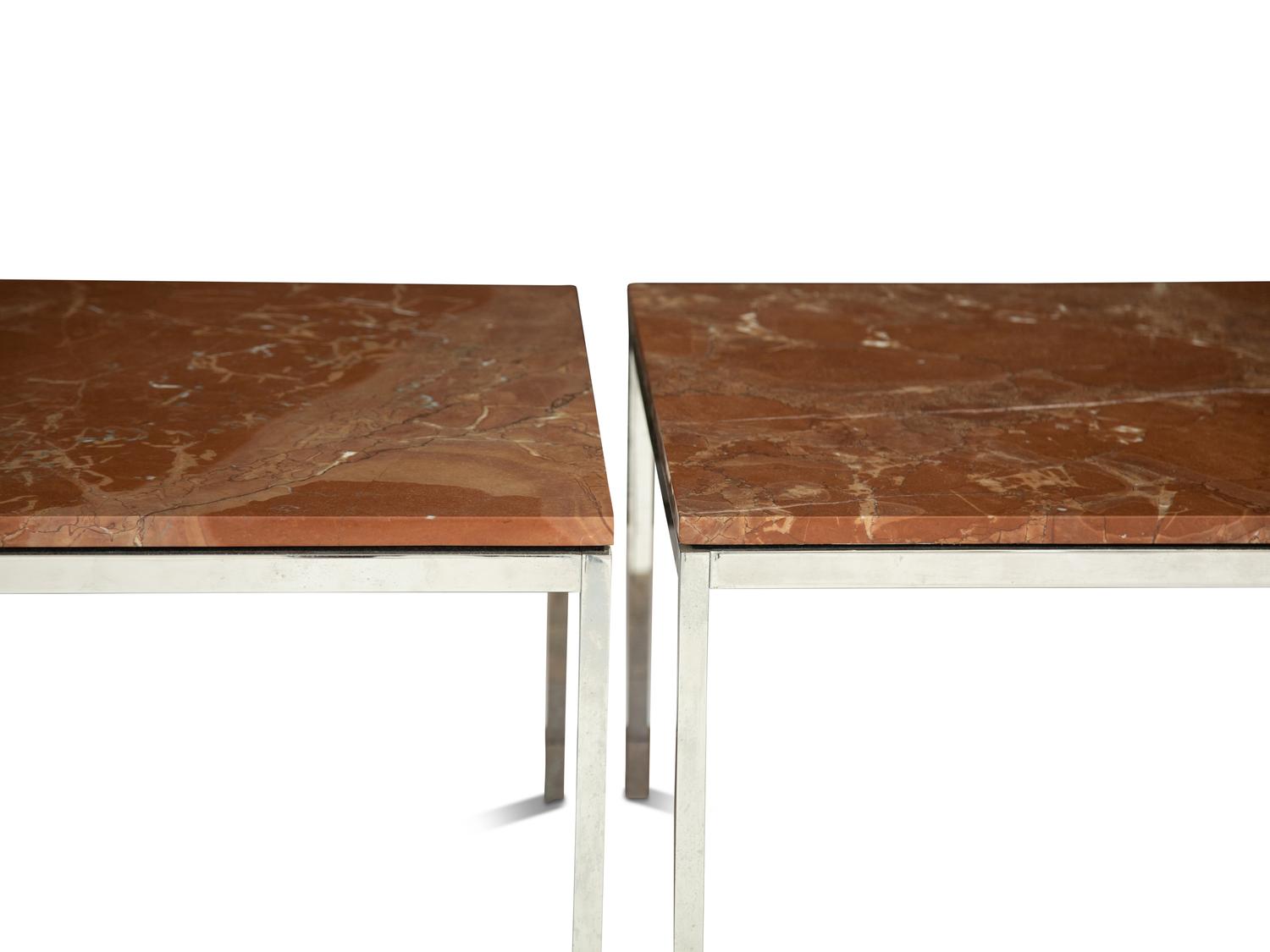 A Pair of Contemporary Chrome and Rouge Marble Side Tables
