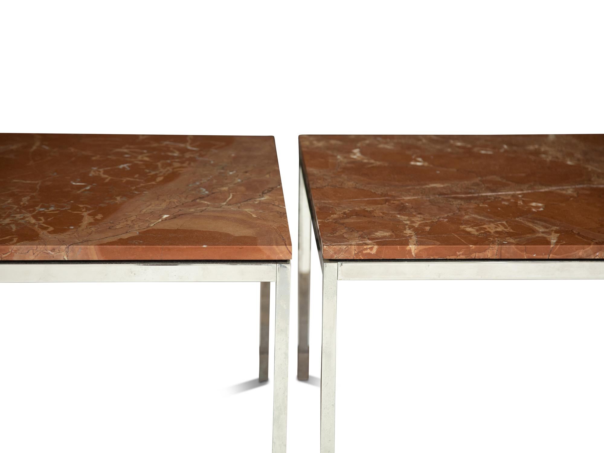 A Pair of Contemporary Chrome and Rouge Marble Side Tables