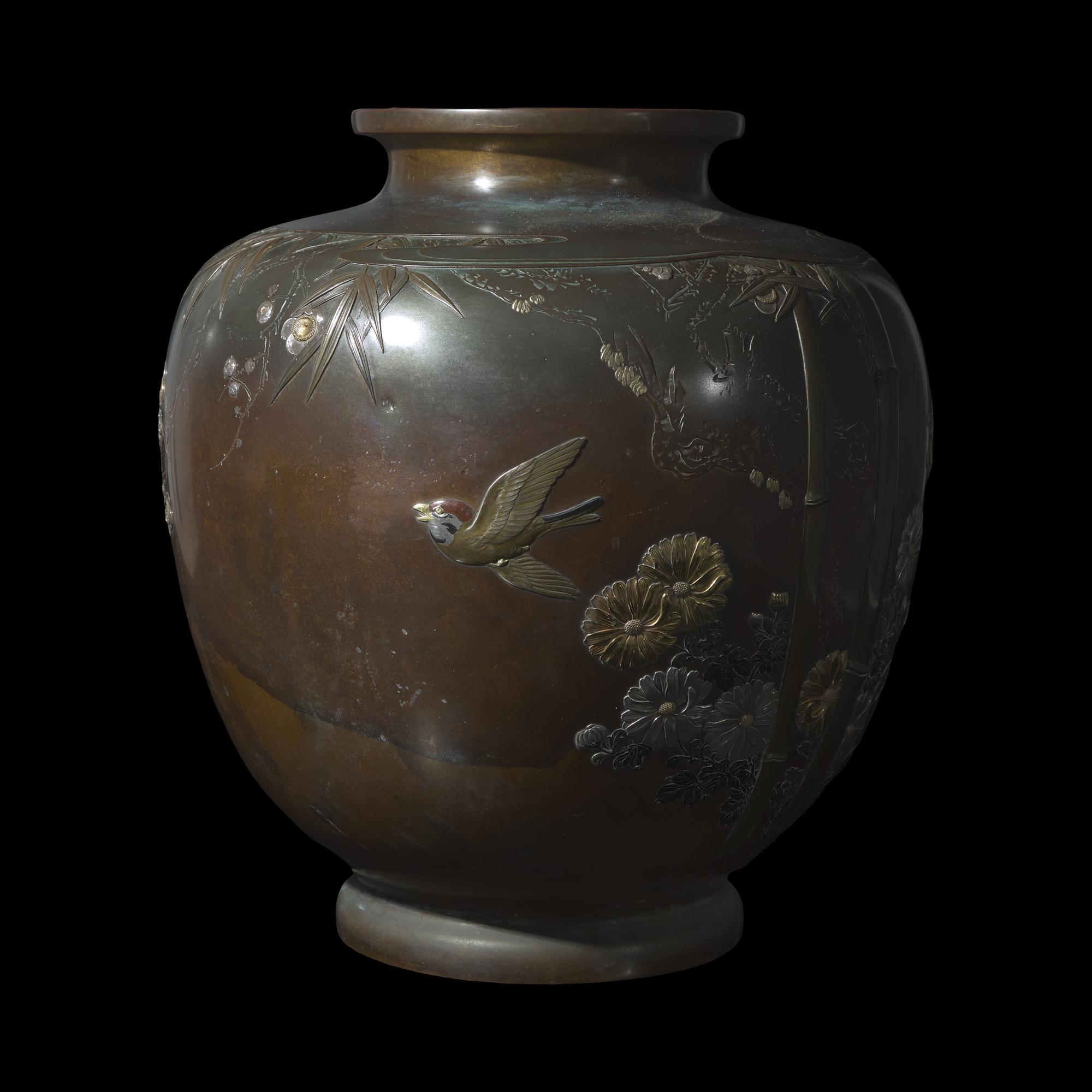 A Large Japanese Mixed-Metal 'Birds, Chrysanthemums and Bamboo' Vase, Meiji/Taisho Period 日本明治/大正時代 銅嵌銀鎏金花鳥圖罐
