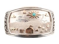 Sterling Silver Cuff Bracelet, with Hogan Scene Accented in 14K Gold and Set with Turquoise