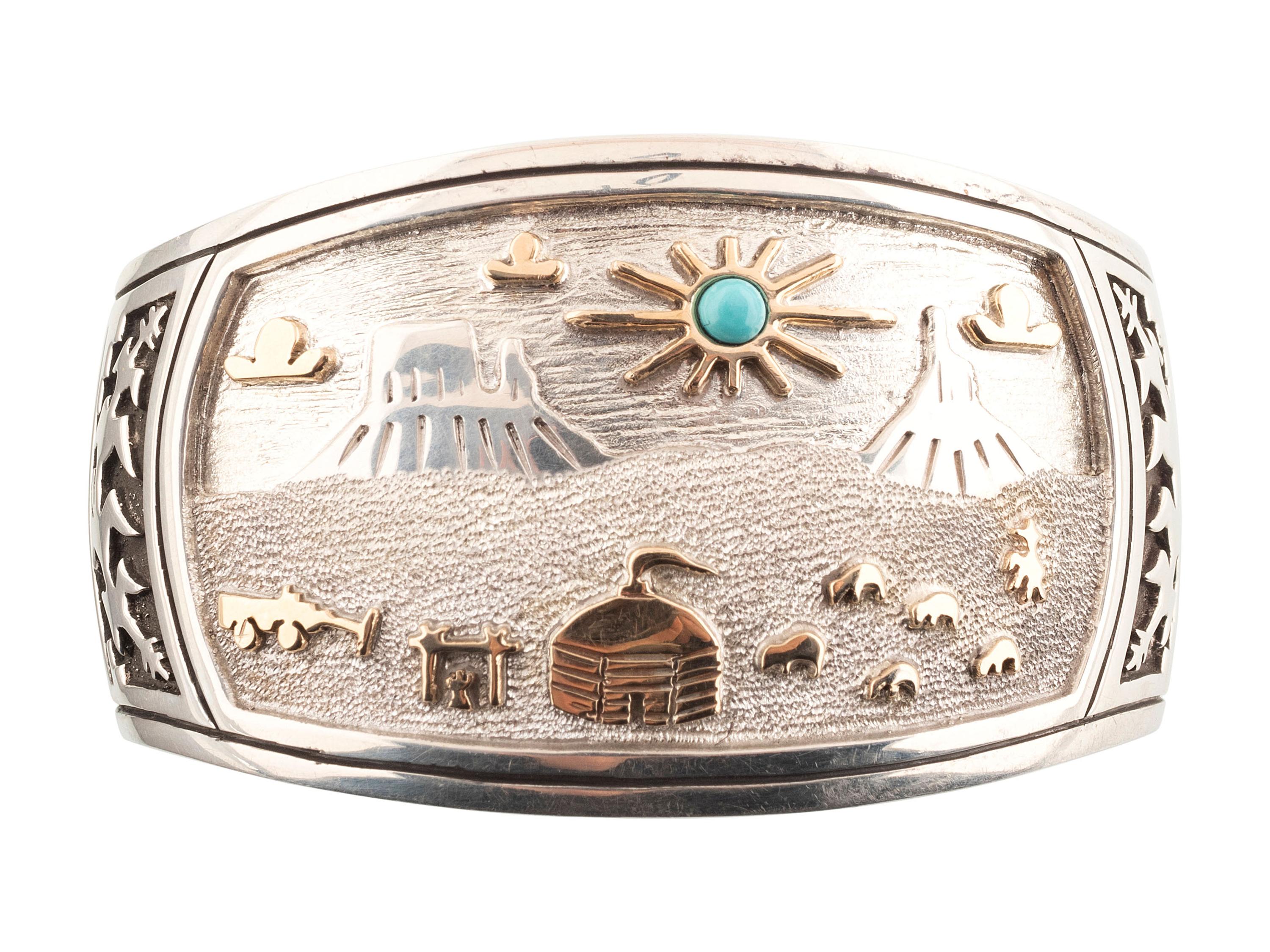 Sterling Silver Cuff Bracelet, with Hogan Scene Accented in 14K Gold and Set with Turquoise